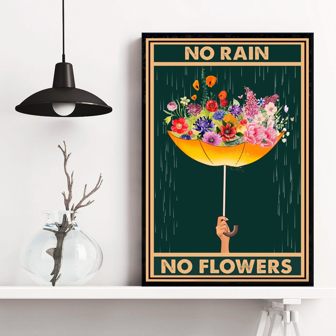 No Rain No Flowers Inspirational Floral Umbrella Quote Poster - Image 3