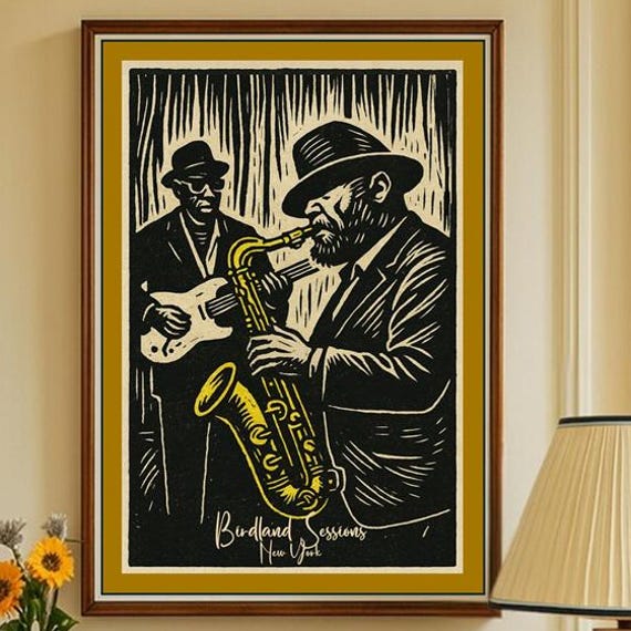 Birdland Sessions Jazz Poster Vintage Linocut Music Art