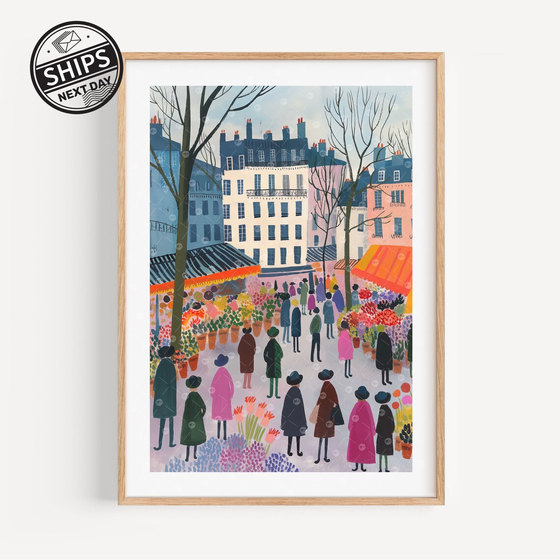 Flower Market Paris Travel Art Print, Floral Illustration
