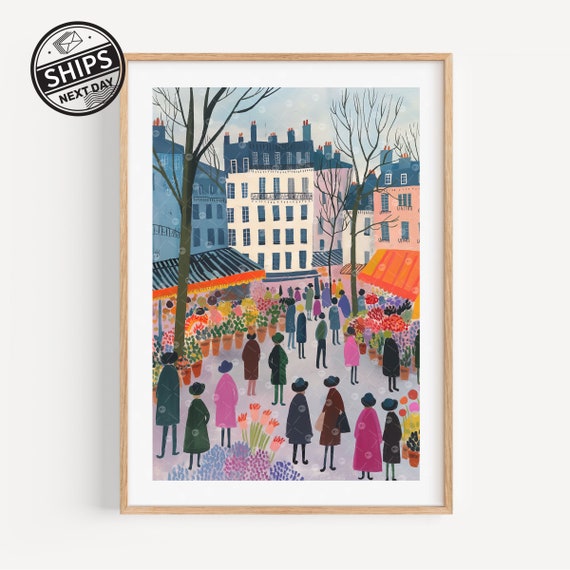 Flower Market Paris Travel Art Print, Floral Illustration