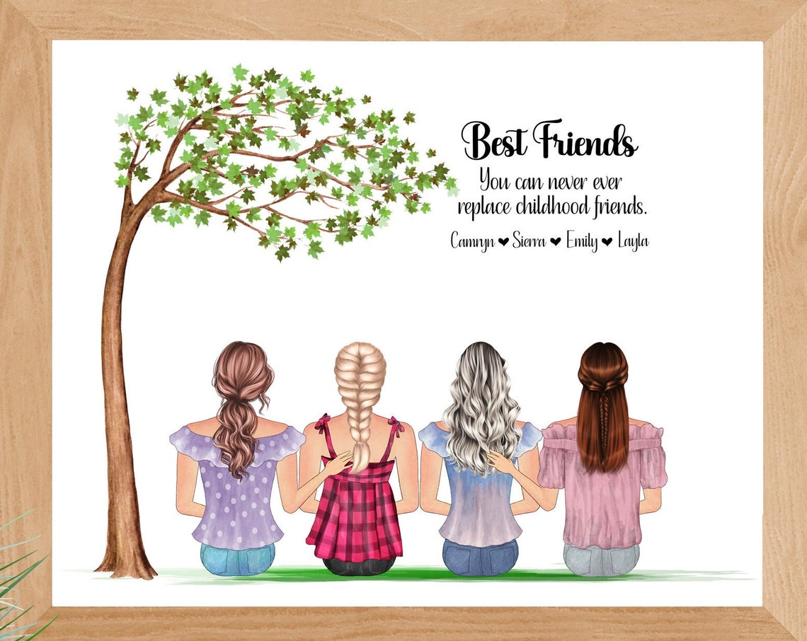 Personalized Four Best Friends Portrait Under Green Tree Poster