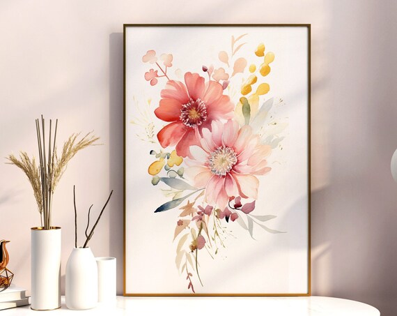 Coral Blossom Watercolor Bouquet Soft Pink Floral Art Poster