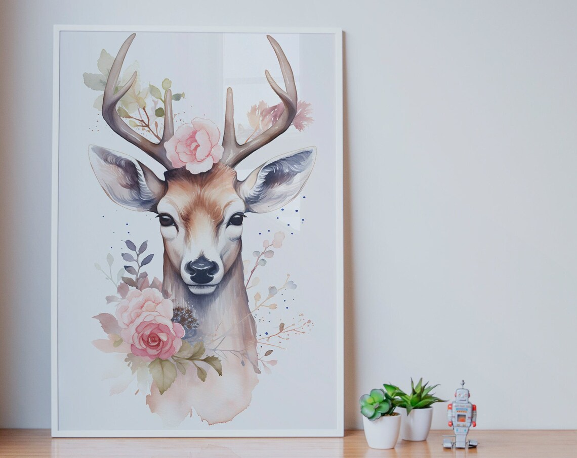Deer With Antlers Pink Roses Watercolor Woodland Animal Poster - Image 5