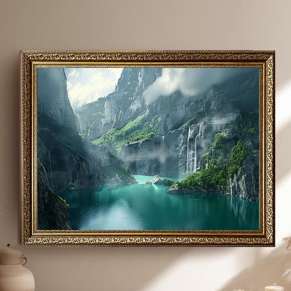 Waterfall Mountain Lake Wall Art Nature Canvas Print For Tranquil Living Room Or Office Decor Scenic Landscape Poster Gift