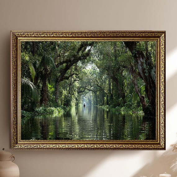 Mystic Jungle River Canvas Wall Art Tranquil Forest Canoe Landscape Print Green Nature Photography For Boho Or Zen Home Decor