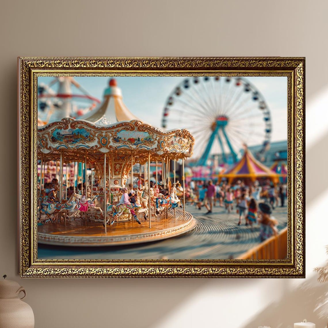 Vintage Carousel And Ferris Wheel Golden Hour Amusement Poster