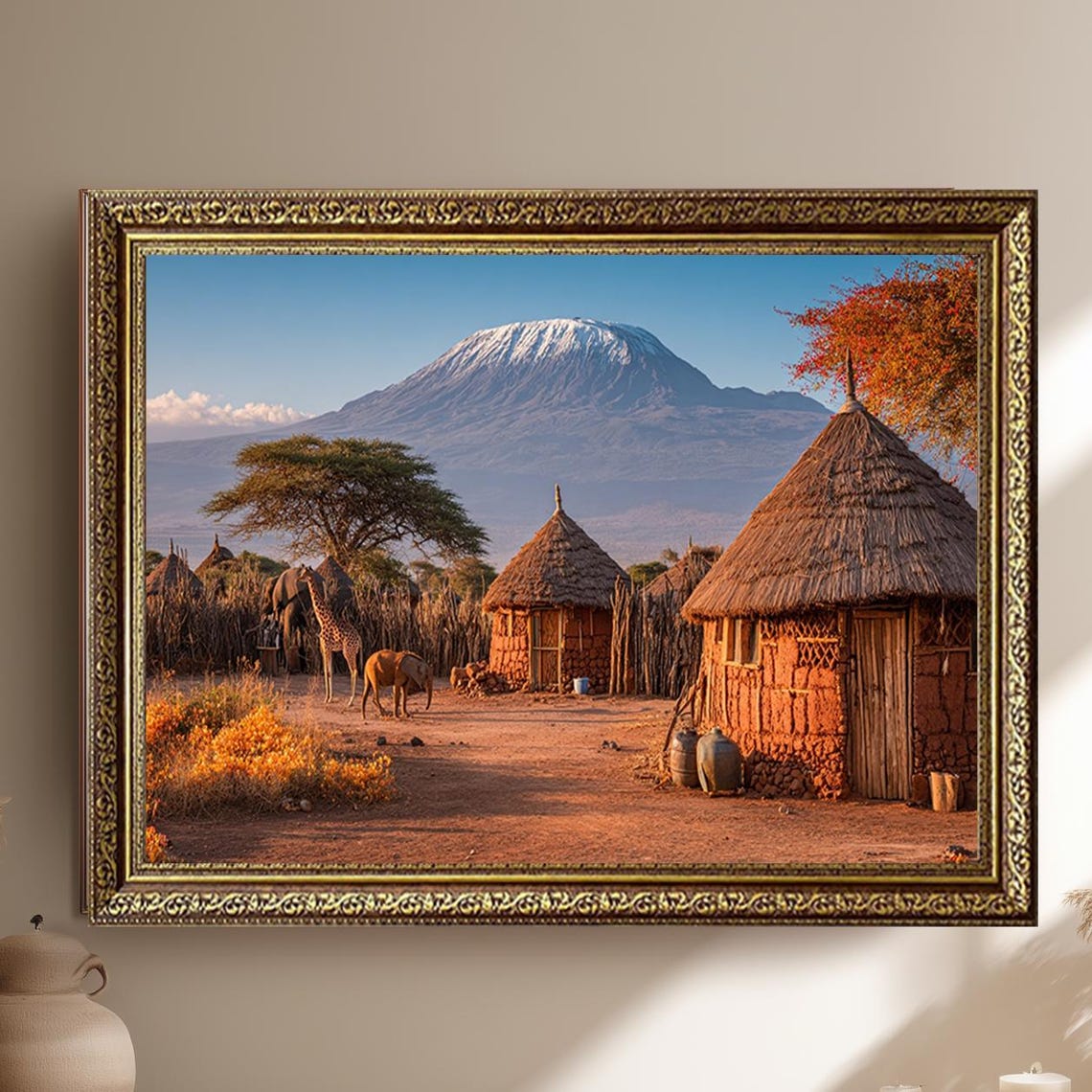 Mount Kilimanjaro African Village Huts Giraffe And Elephant Poster