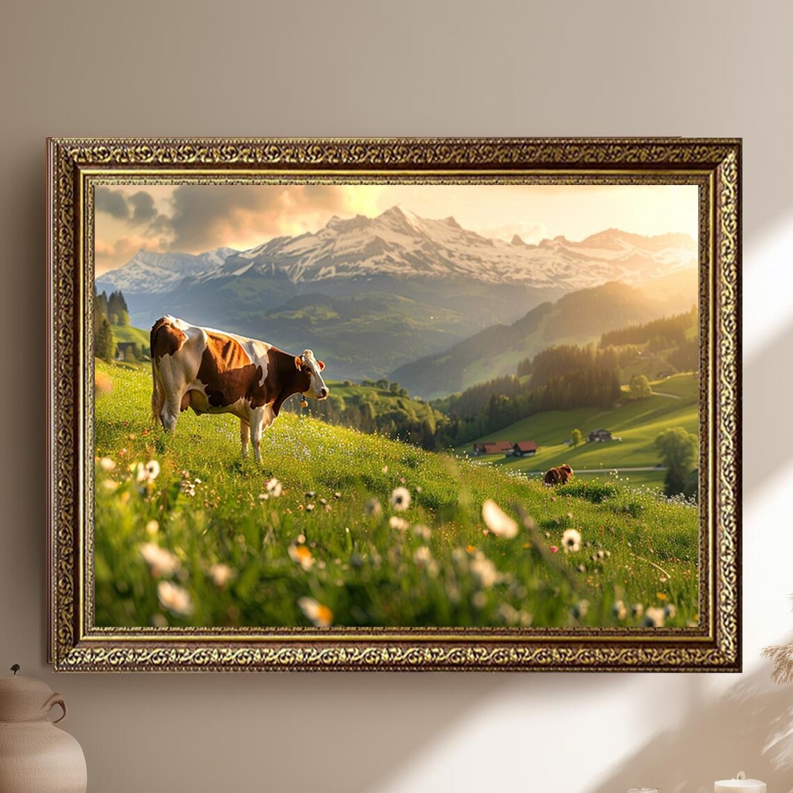 Cow In Alpine Meadow Sunrise Pastoral Farm Mountain Wall Poster