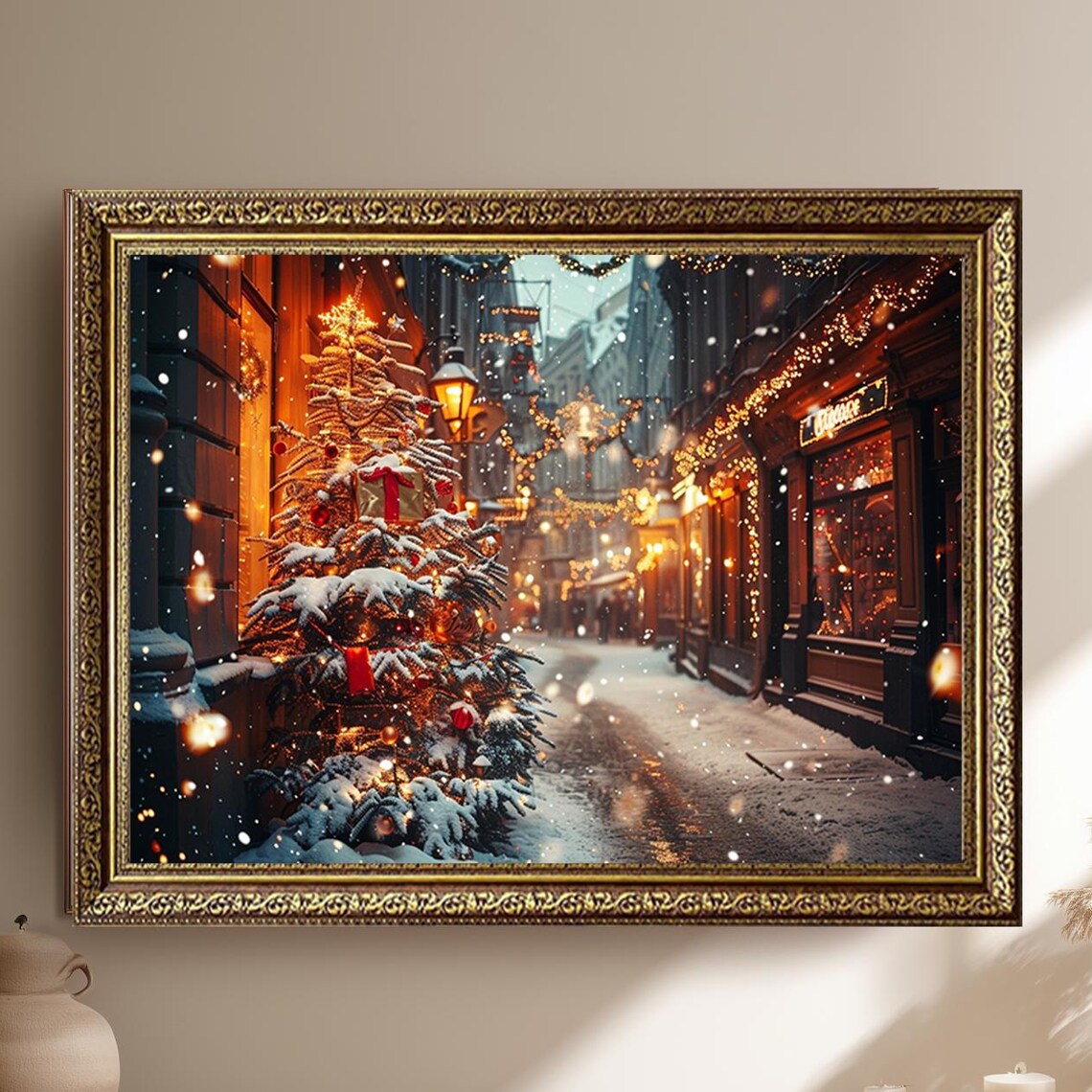 Snowy Christmas Street Decorated Tree and Glowing Shop Lights Print
