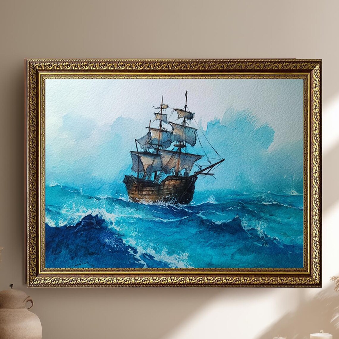 Tall Sailing Ship Ocean Waves Nautical Adventure Watercolor Poster