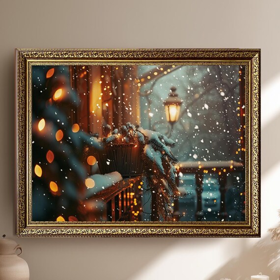 Snowy Christmas Balcony With Fairy Lights Winter Night Print