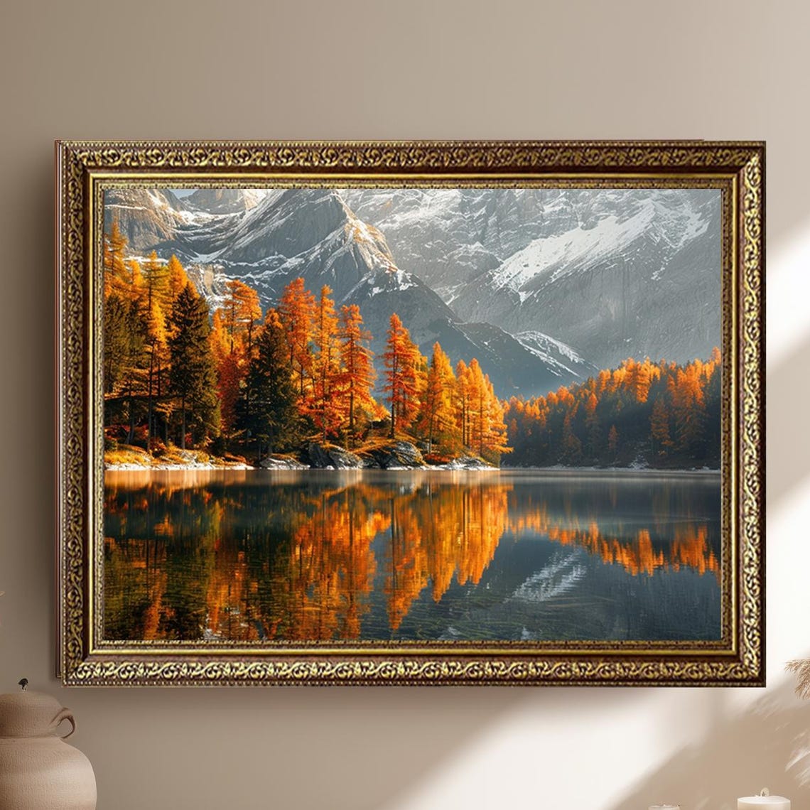 Autumn Forest Lake Golden Larch Trees Mirror Reflection Wall Art