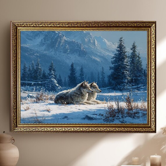 Wolf Pair In Snowy Mountain Canvas Wall Art Winter Wildlife Nature Scene Print Arctic Forest Animal Landscape Home Decor