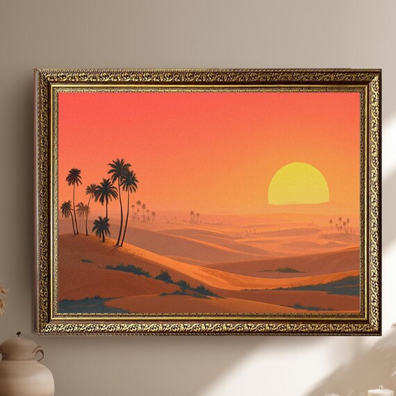 Desert Sunset Illustration Canvas Wall Art Minimal Palm Tree Sand Dunes Print Warm Landscape Boho Home Decor