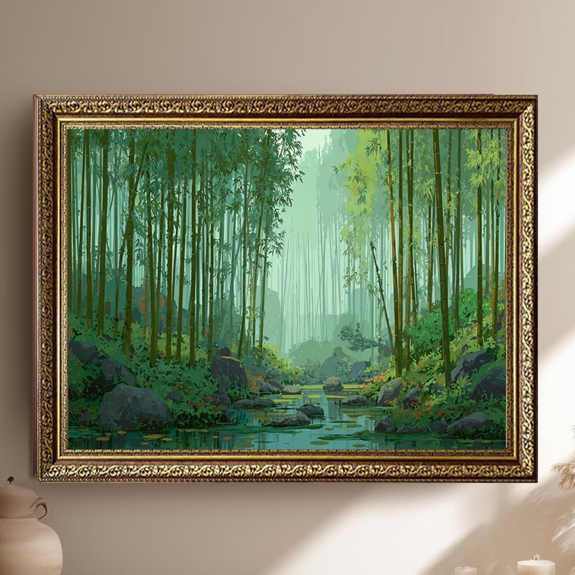 Misty Bamboo Forest With Peaceful Pond And Dark Stones Poster