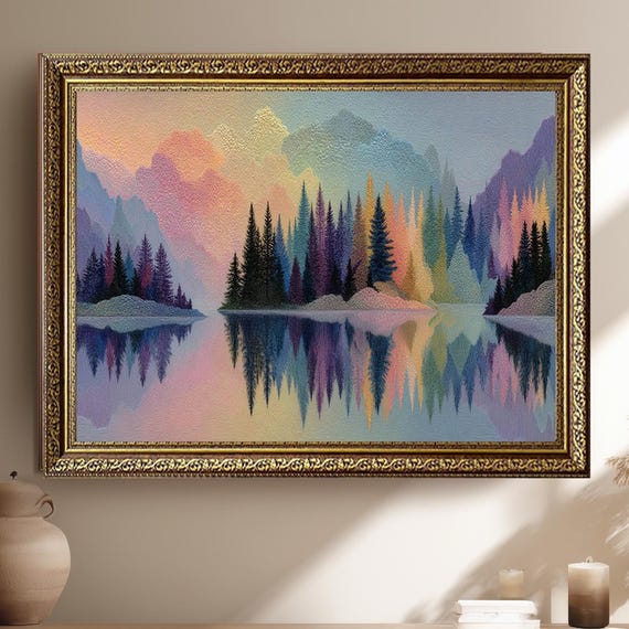Pastel Landscape Mountain Forest Wall Art Print Colorful Lake Reflection Poster Nature Illustration