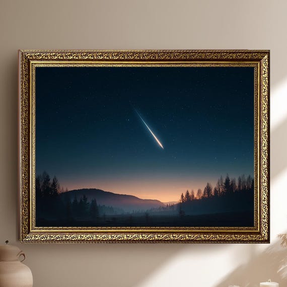 Shooting Star Over Sunrise Landscape Canvas Wall Art Night Sky With Meteor And Mountain Silhouette Print Home Decor