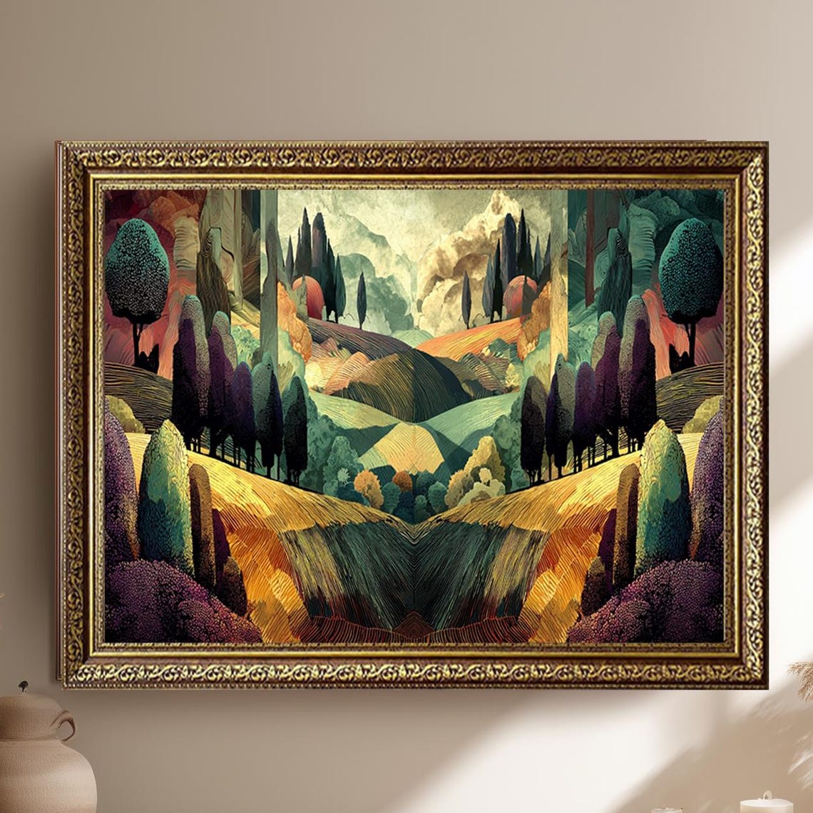 Colorful Geometric Abstract Hills and Trees Modern Landscape Poster