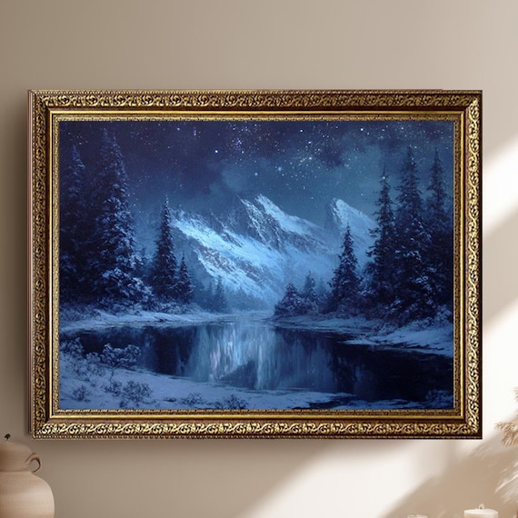 Starry Night Winter Mountain Landscape Canvas Wall Art Snowy Forest And Lake Scene Tranquil Nature Print For Cozy Home Decor