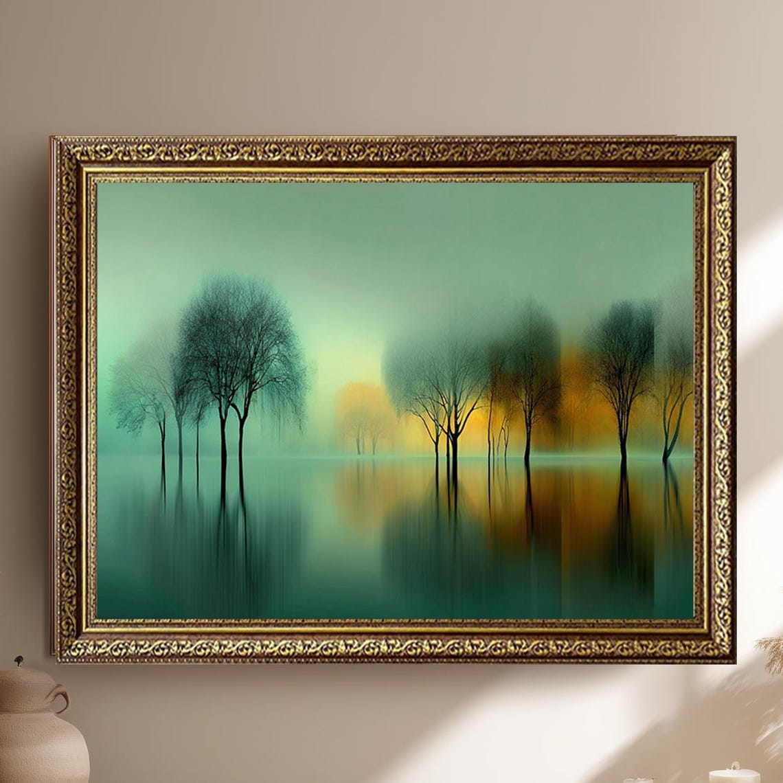 Misty Trees Reflected in Calm Water Green and Gold Abstract Poster