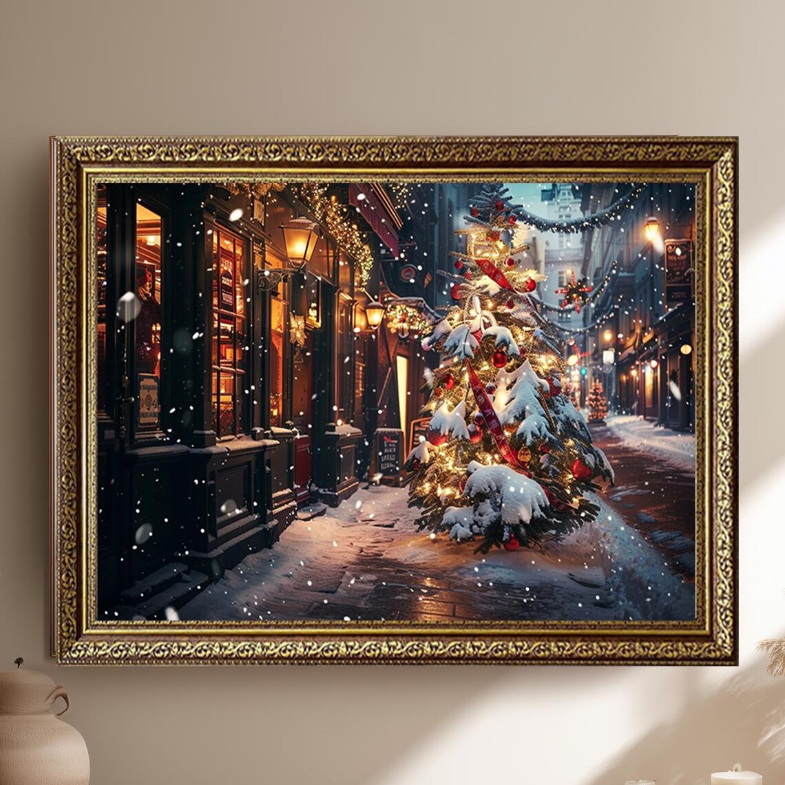 Snow-Covered Christmas Tree Glowing Street Lamps Winter Print
