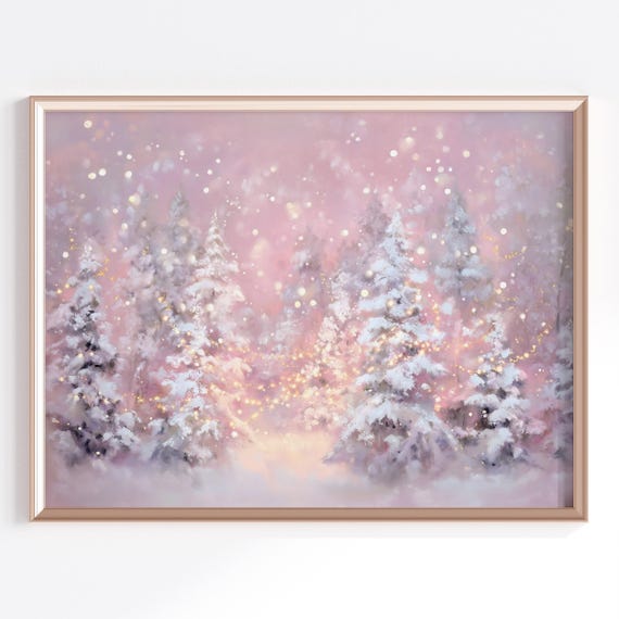 Whimsical Christmas Pink Winter Forest Art Print