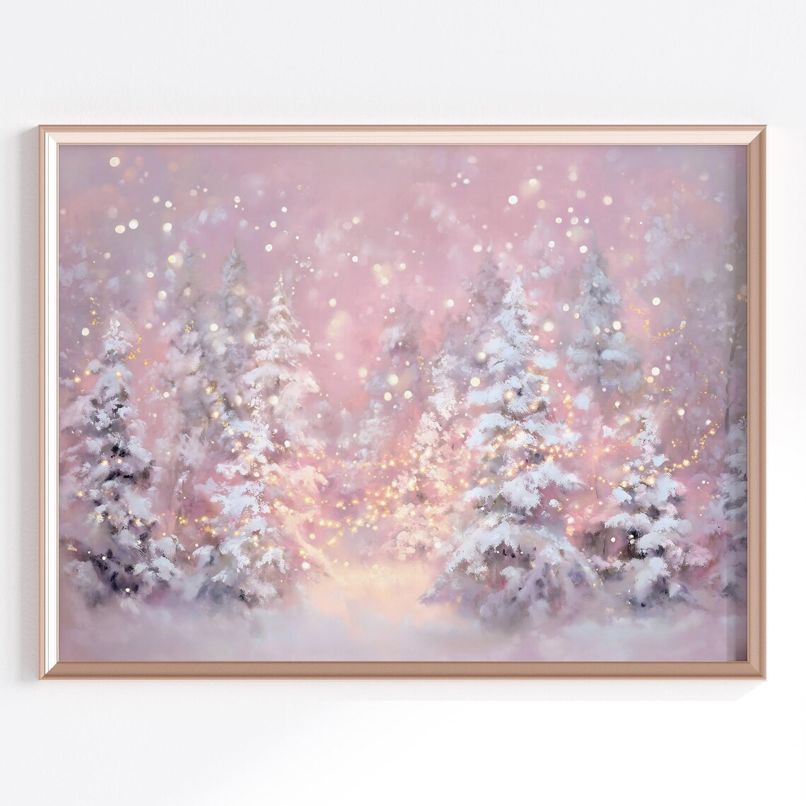 Whimsical Christmas Pink Winter Forest Art Print