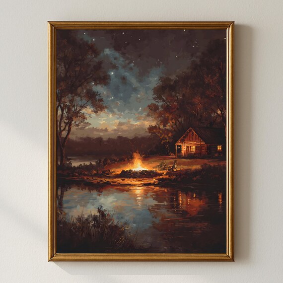 Rustic Autumn Landscape Wall Art Cozy Campfire By Lake With Cabin And Reflections Warm Fall Decor