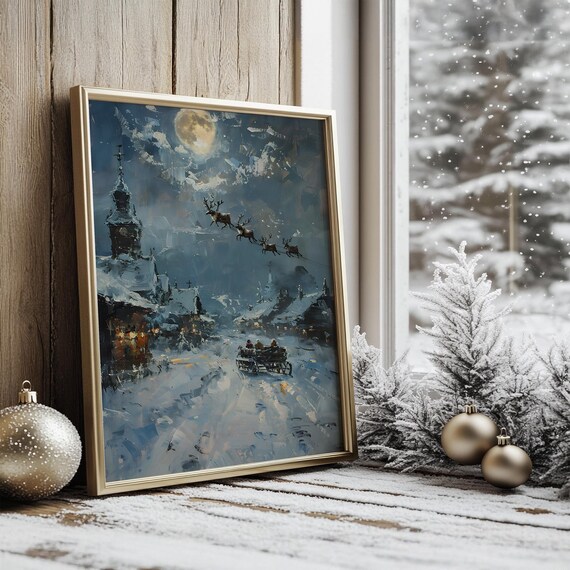 Santa Sleigh Flying Over Snowy Village Under Full Moon Art Poster