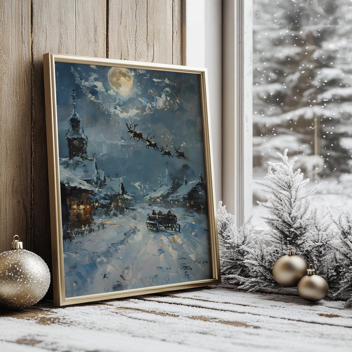 Santa Sleigh Flying Over Snowy Village Under Full Moon Art Poster