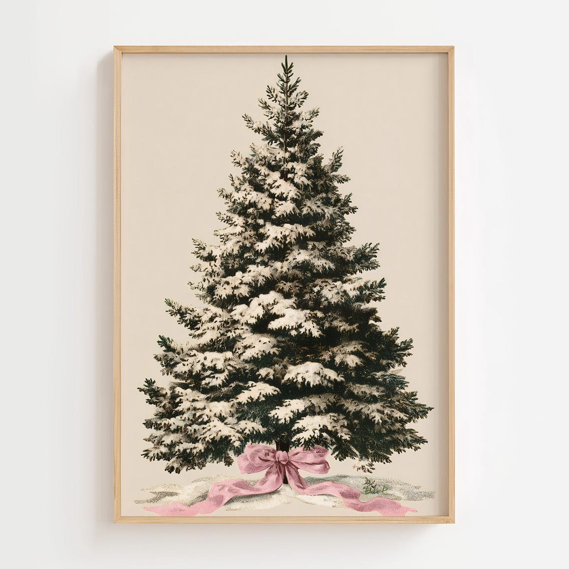 Vintage Snowy Christmas Tree With Pink Ribbon Holiday Decor Poster
