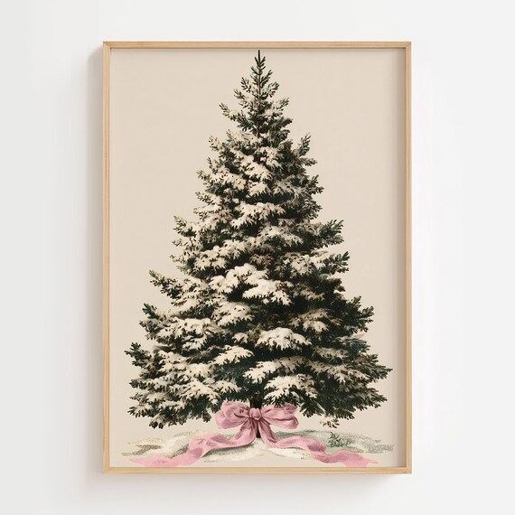 Vintage Christmas Tree Wall Art Snowy With Pink Ribbon Elegant Holiday Decor Classic Winter Illustration