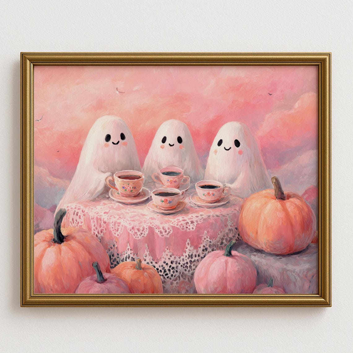Cute Tea Party Wall Art Pink Halloween Kawaii Ghosts With Pumpkins Whimsical Pastel No85