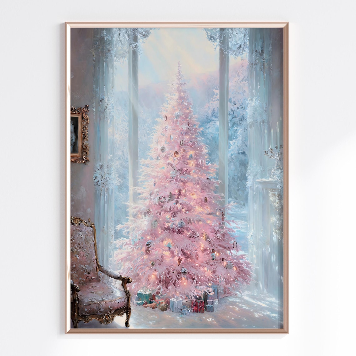 Blush Pink Christmas Tree Elegant Winter Room Snowy Light Holiday Poster