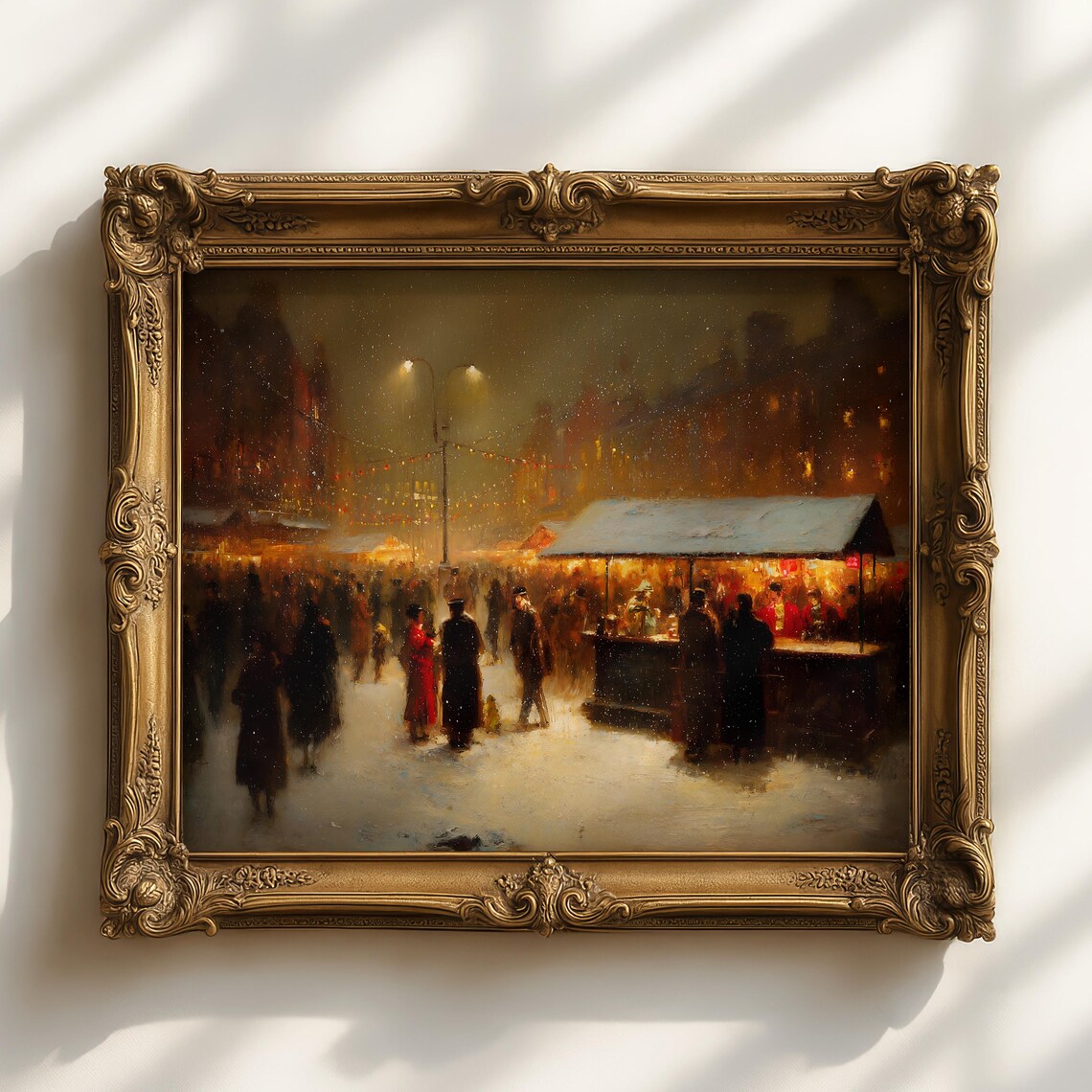 Snowy Christmas Market At Night Vintage Oil Painting Holiday Poster