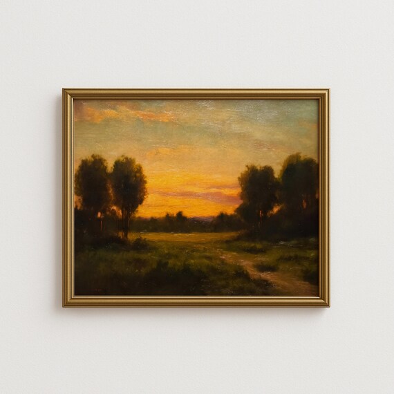 Golden Sunset Over Countryside Meadow Vintage Landscape Poster