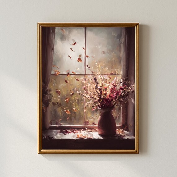Autumn Window Sill With Vase Of Wildflowers And Falling Leaves Poster