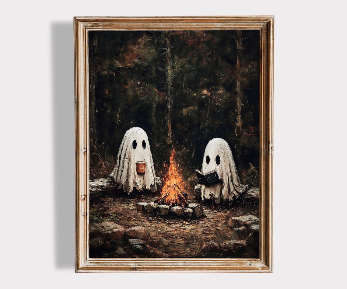 Campfire Wall Art Cozy Halloween With Coffee And Book Spooky Forest Ghosts Painting