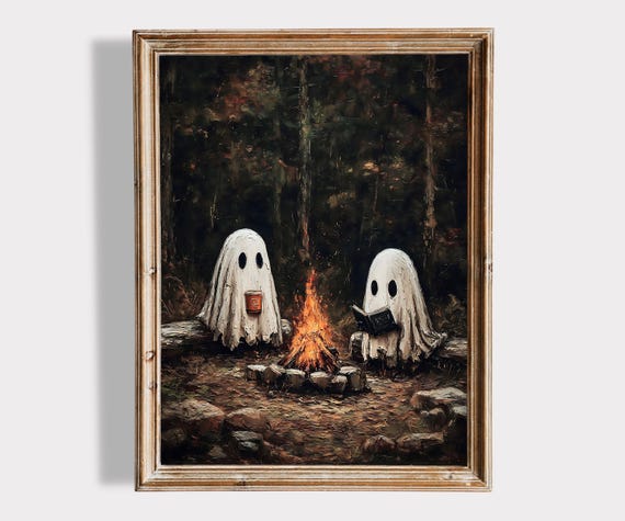 Campfire Wall Art Cozy Halloween With Coffee And Book Spooky Forest Ghosts Painting