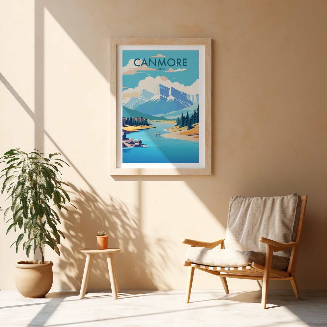 Canmore Alberta Rocky Mountain River Canoe Scene Travel Poster - Image 2