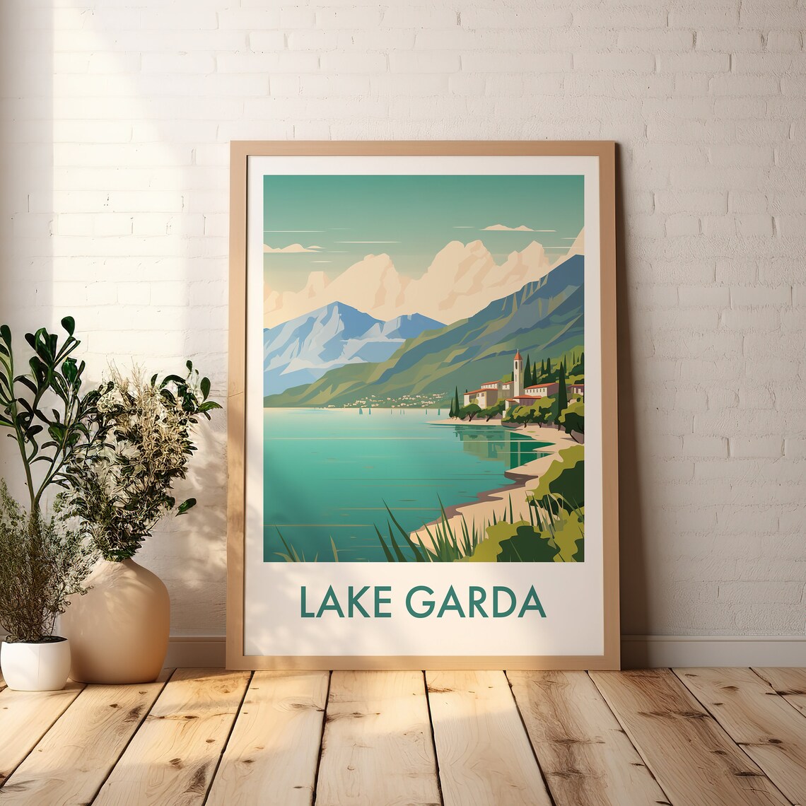 Lake Garda Italy Turquoise Shores Village Tower Vintage Travel Poster