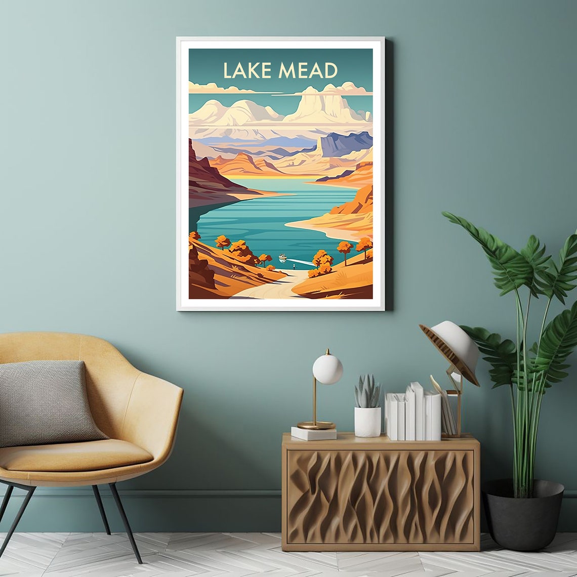 Lake Mead Desert Canyon Boat Turquoise Water Vintage Travel Poster - Image 2