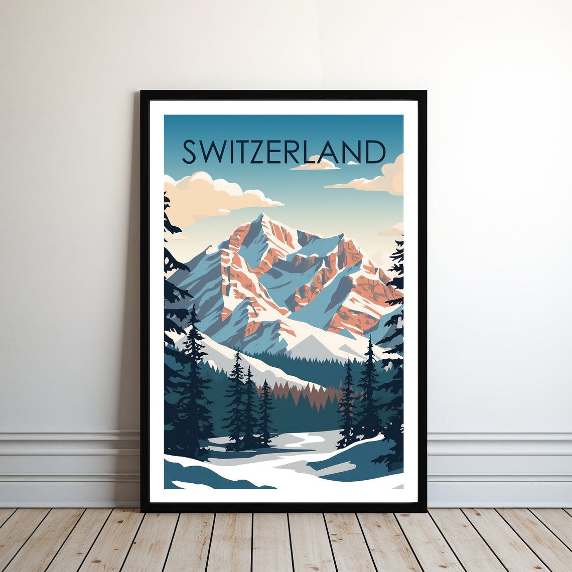 Switzerland Snowy Alpine Peak Pine Forest Mountain Travel Poster