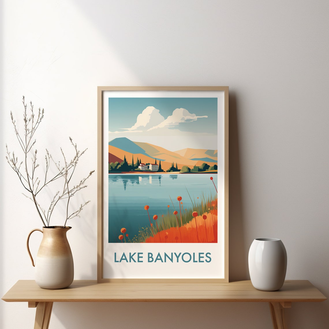 Lake Banyoles Spain Hillside Village Poppy Flowers Travel Poster - Image 2