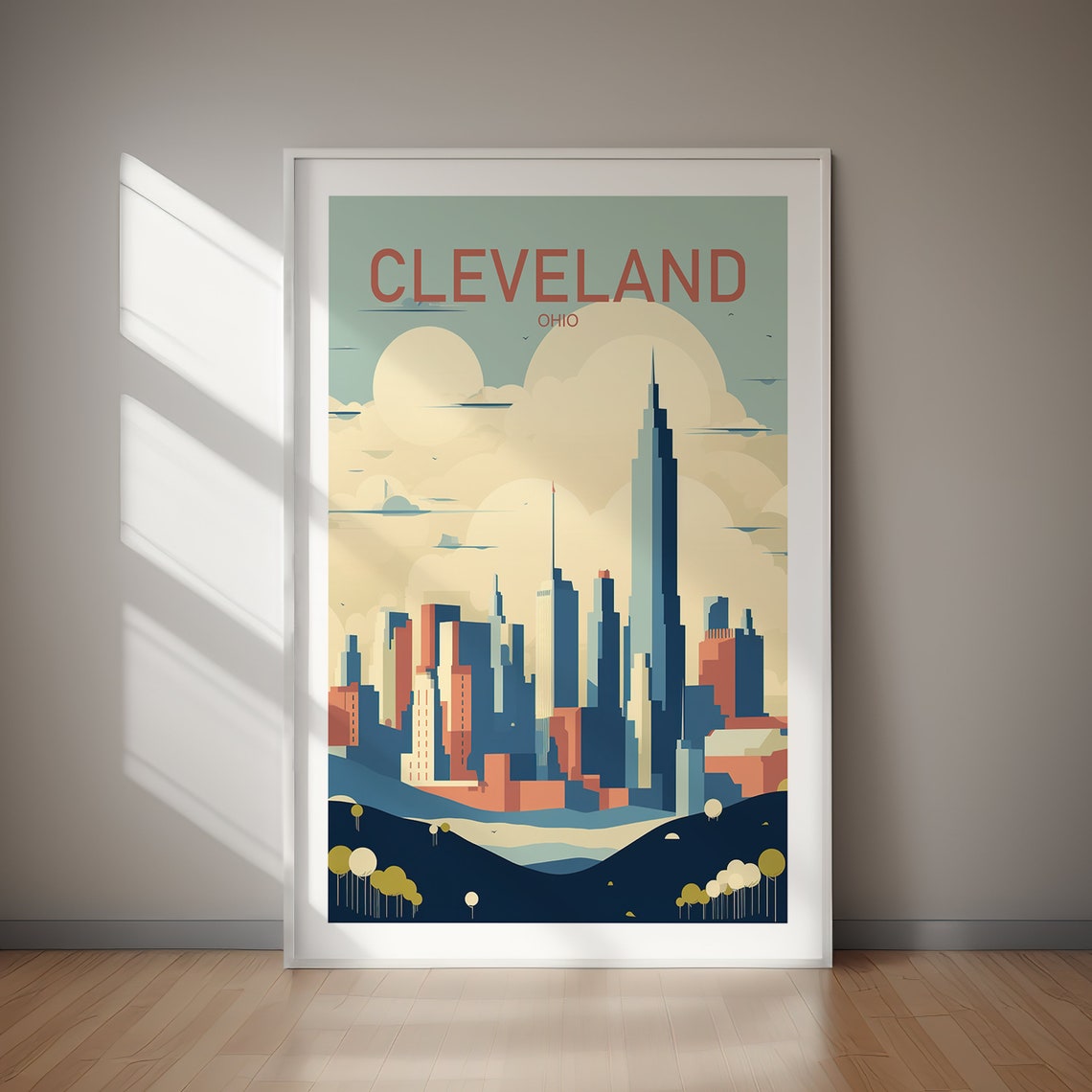 Cleveland Ohio Skyline Retro Travel Poster Art Deco Cityscape Art