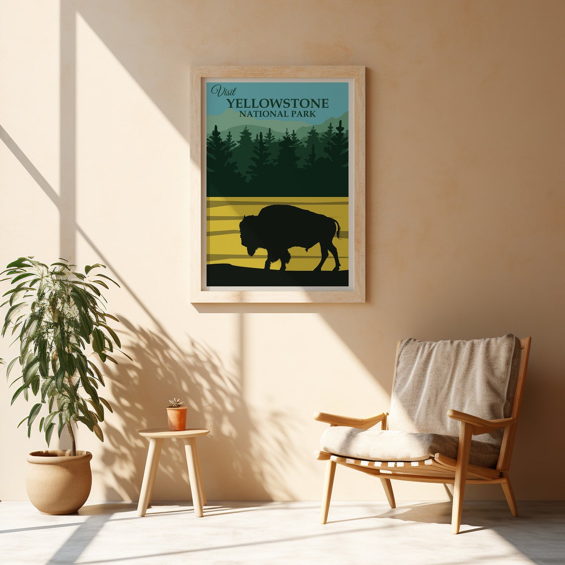 Visit Yellowstone National Park Bison Pine Forest Vintage Poster - Image 2