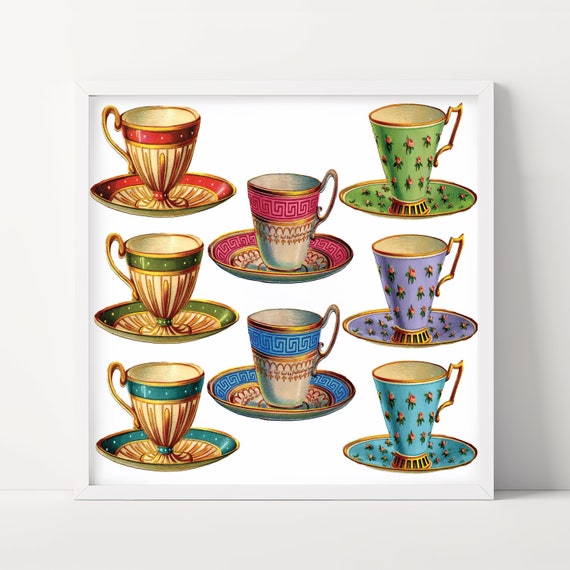 Tea Cups Poster Vintage Art Classic Print Cafe Art Tea Lovers Gift Gifts For Her Gift Gifts For Him Art