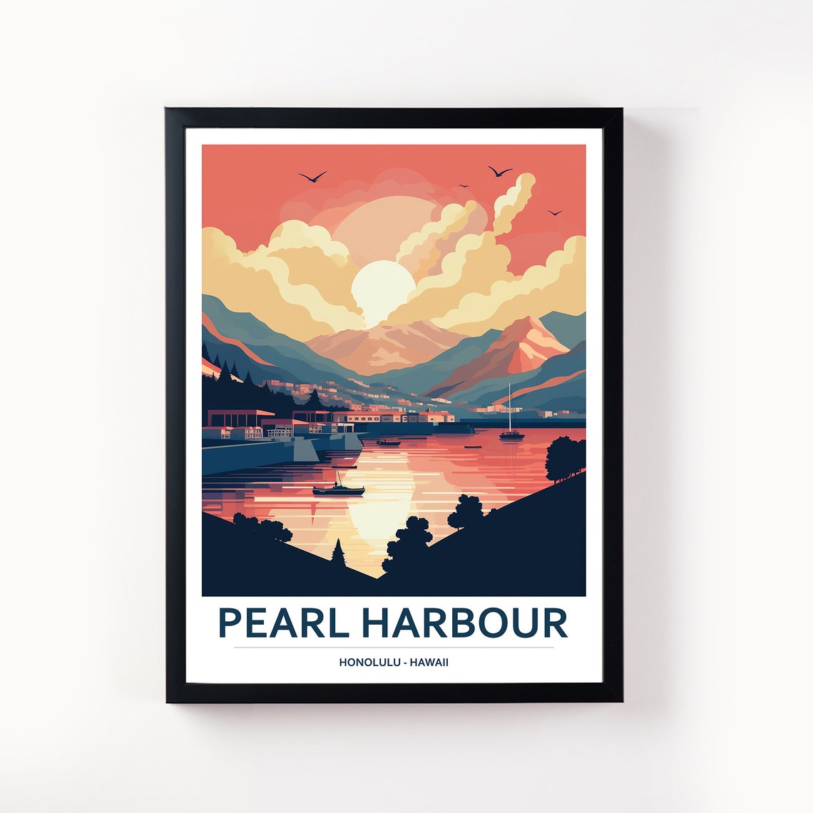 Pearl Harbour Honolulu Hawaii Sunset Bay Harbor View Travel Poster
