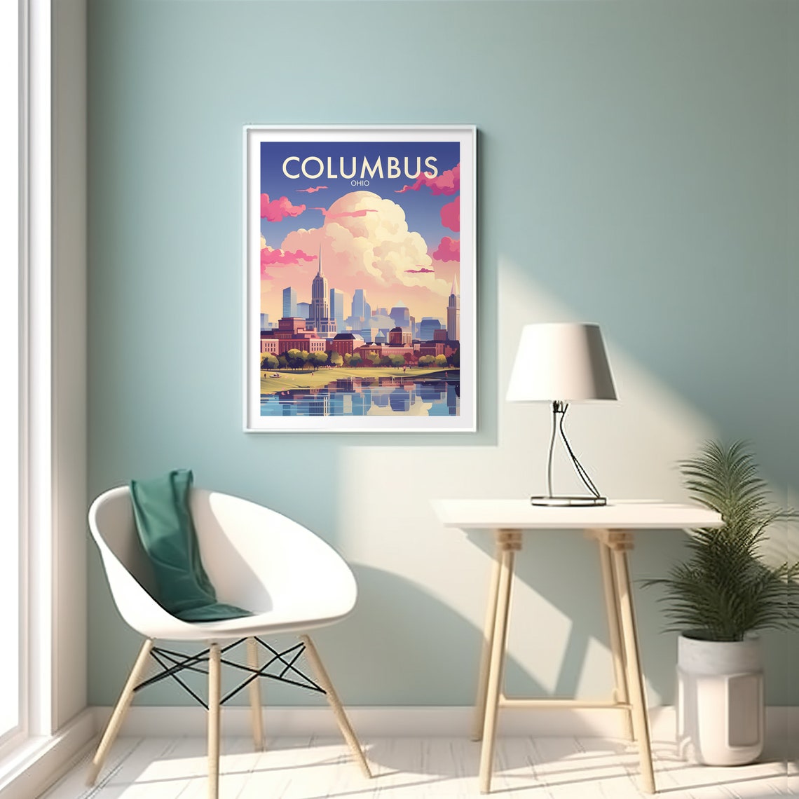 Columbus Ohio Skyline River Sunset Pastel City Art Travel Poster