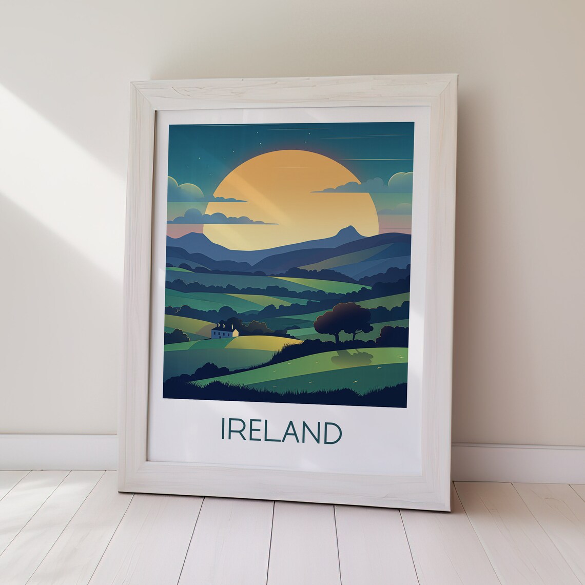 Ireland Rolling Green Hills Cottage Golden Sunset Travel Poster - Image 2